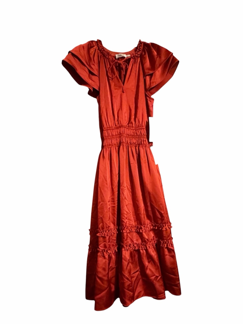 Tiered Ruffle Sleeve Tie Neck Midi Dress - Picture 4 of 8